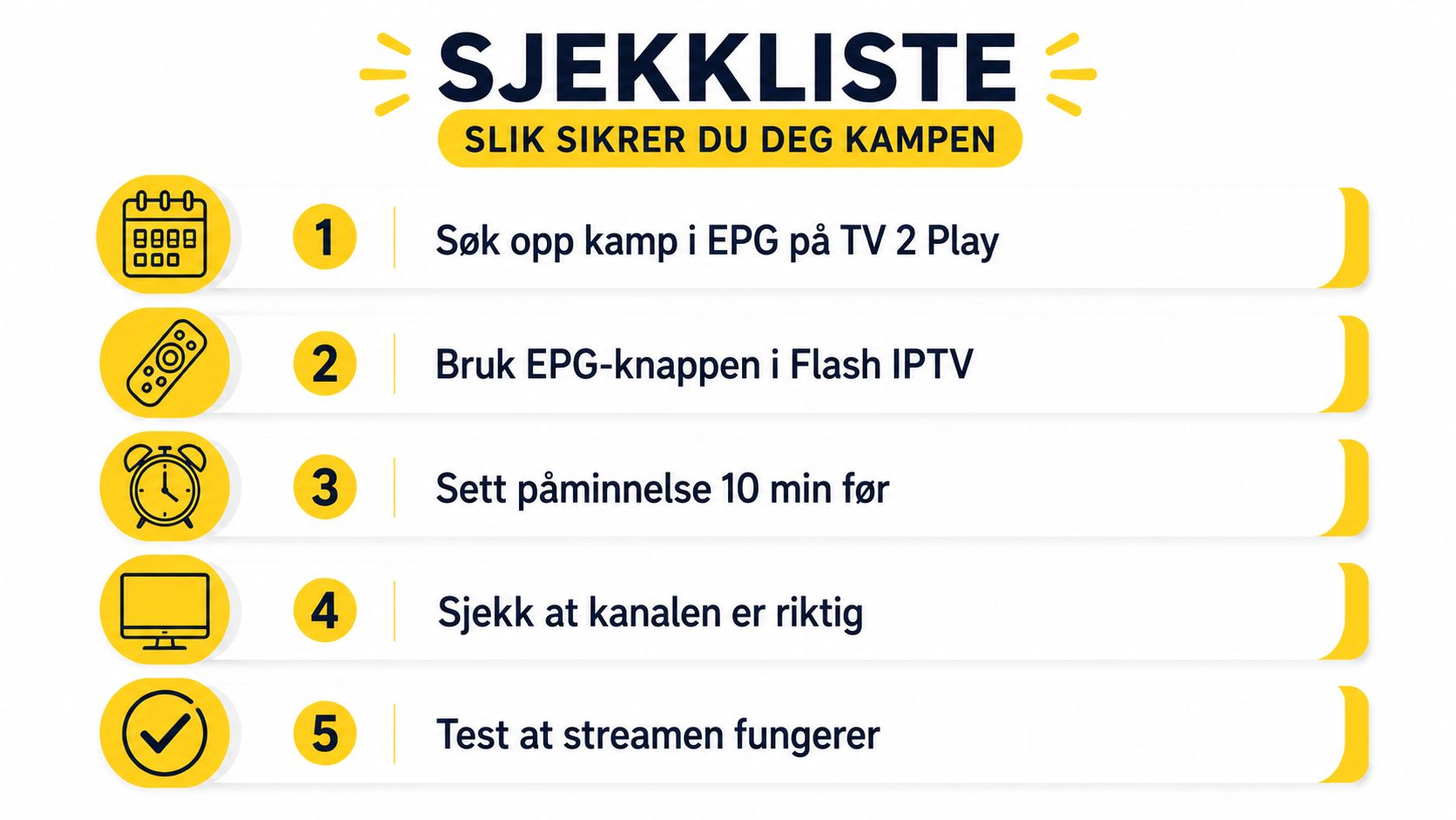 En sjekkliste med fem punkter for hvordan man kan sikre seg tilgang til å se fotballkamper.