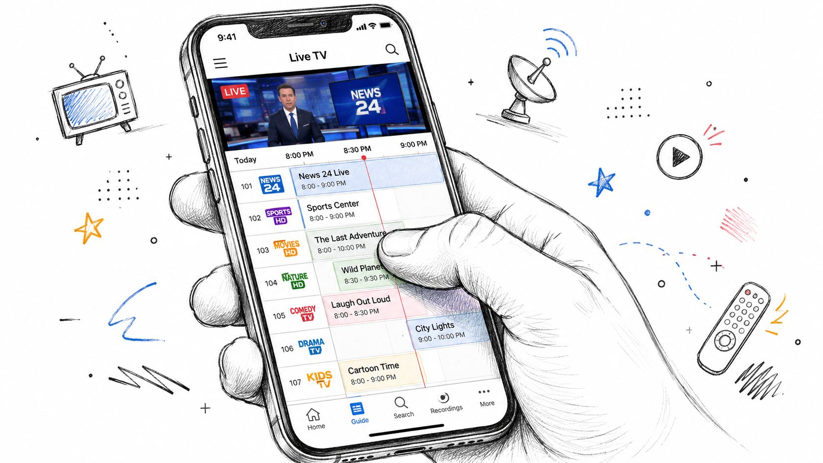 En hånd som holder en iPhone som viser en app for strømming av direktesendt TV-innhold på skjermen.