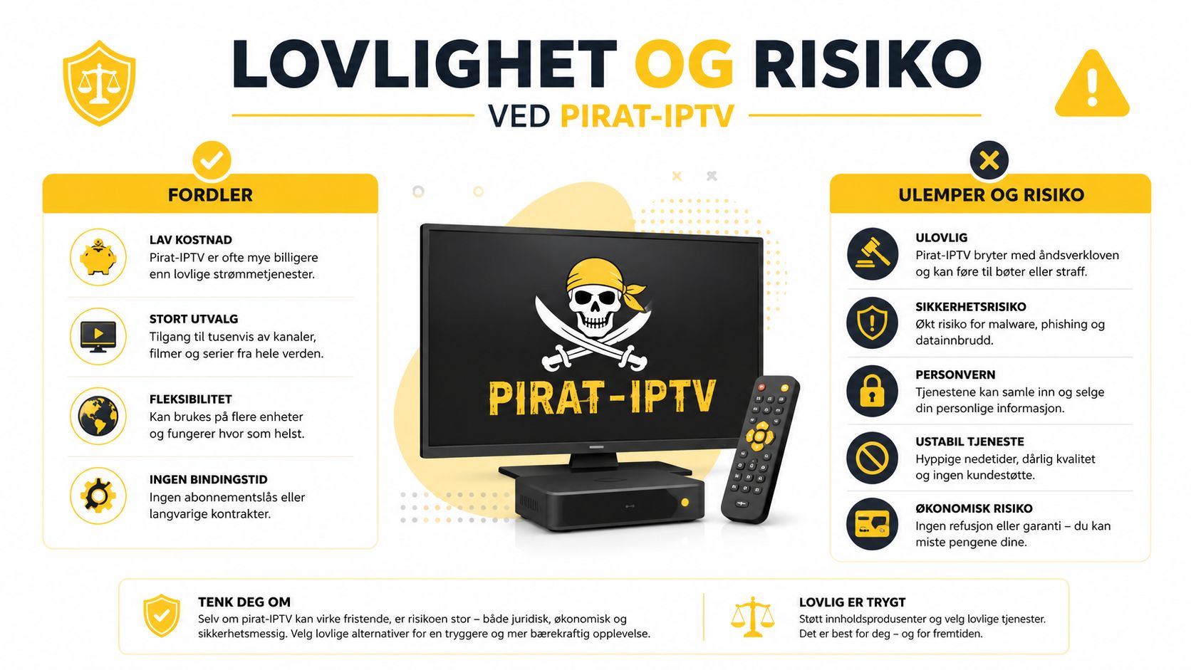 En infografikk som viser fordeler og ulemper ved bruk av ulovlig pirat-IPTV-tjenester for forbrukere.