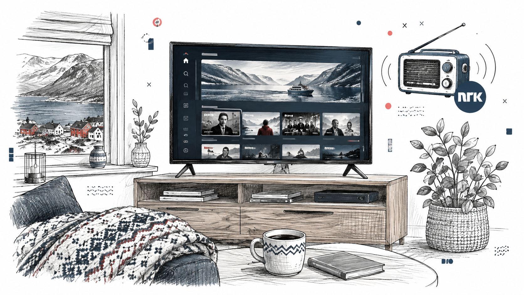 En koselig stue med en TV som viser en streamingmeny, en radio og utsikt over norsk natur.
