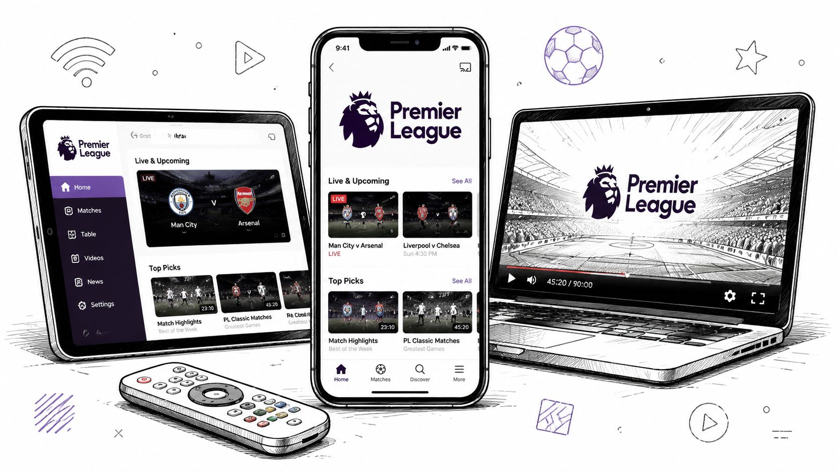 Premier League-strømming på tvers av nettbrett, smarttelefon, bærbar datamaskin og fjernkontroll for enkel tilgang.