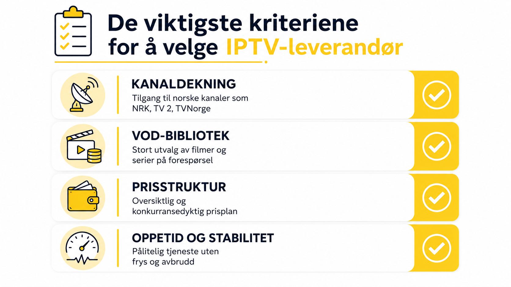 En infografikk som viser de viktigste kriteriene for å velge en IPTV-leverandør, inkludert kanaler, VOD, pris og stabilitet.