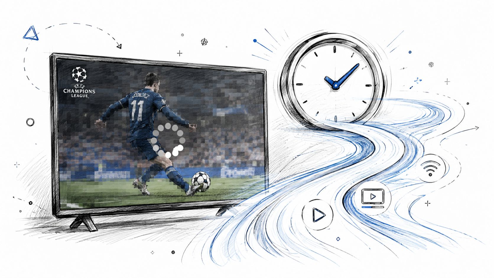 En TV-skjerm som viser fotball fra Champions League med et ladesymbol som indikerer forsinkelse eller dårlig internettforbindelse.
