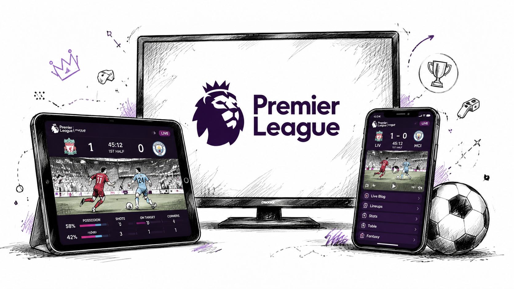 Premier League-fotball sendes live på TV, nettbrett og mobiltelefon for en engasjerende seeropplevelse.