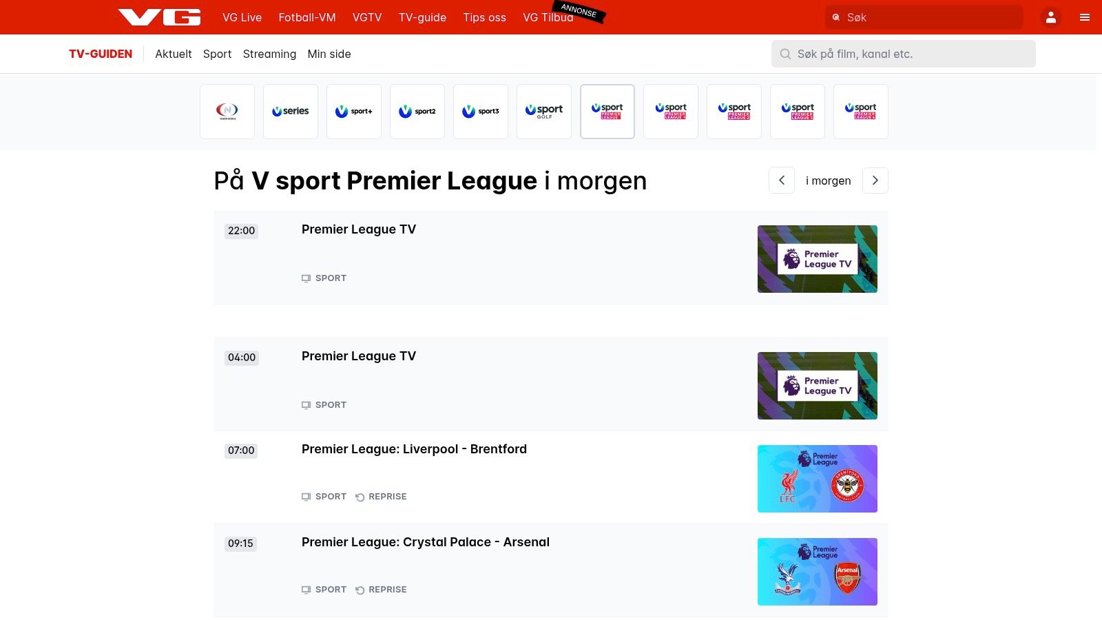 VG TV-guide for V sport-kanalene